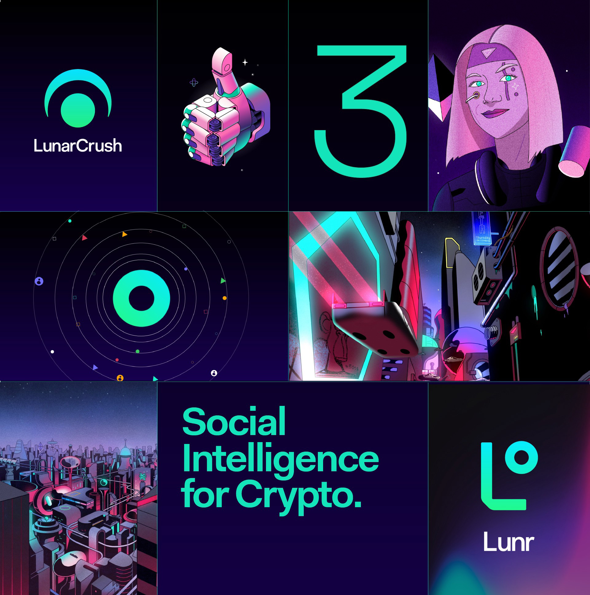 LunarCrush比特幣數(shù)字貨幣數(shù)據(jù)分析平臺新標志vi設計，強烈iT科技風格