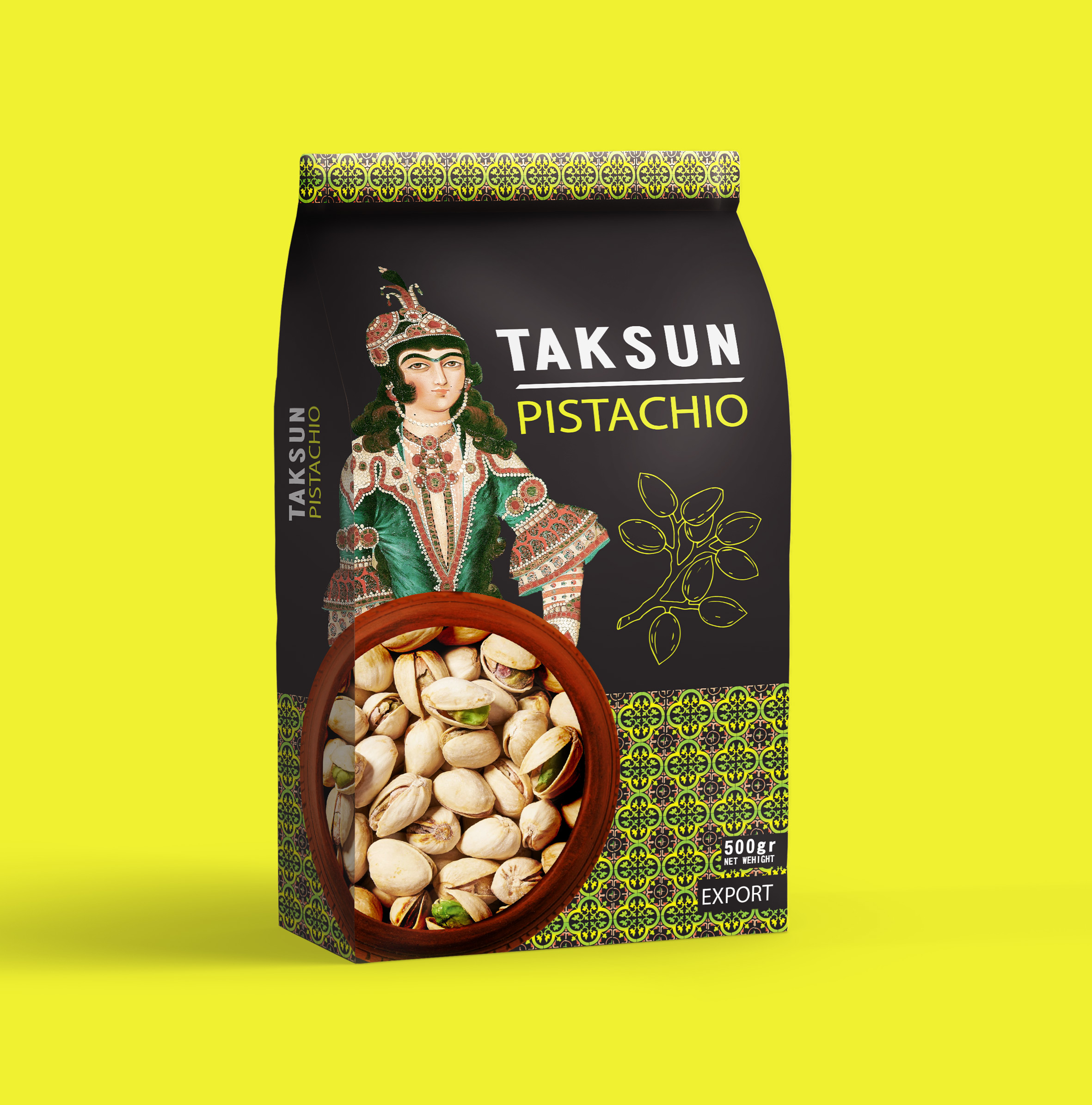 達(dá)順開心果堅(jiān)果包裝設(shè)計(jì)“伊朗女孩插畫+拼接底紋”