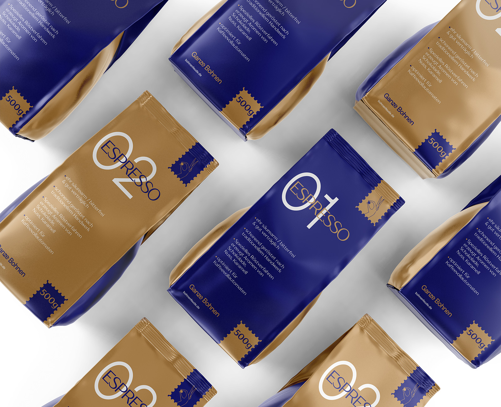 GANZE BOHNEN 精品袋裝咖啡包裝設(shè)計(jì)，金色和海軍藍(lán)設(shè)計(jì)