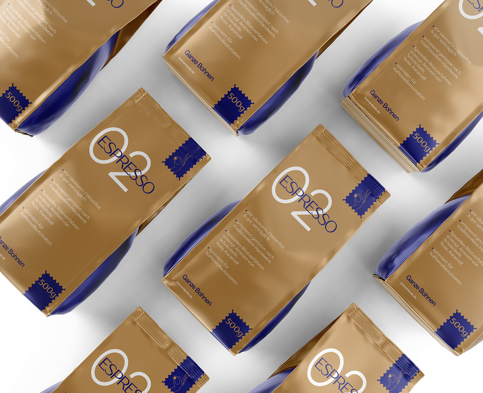GANZE BOHNEN 精品袋裝咖啡包裝設(shè)計(jì)，金色和海軍藍(lán)設(shè)計(jì)