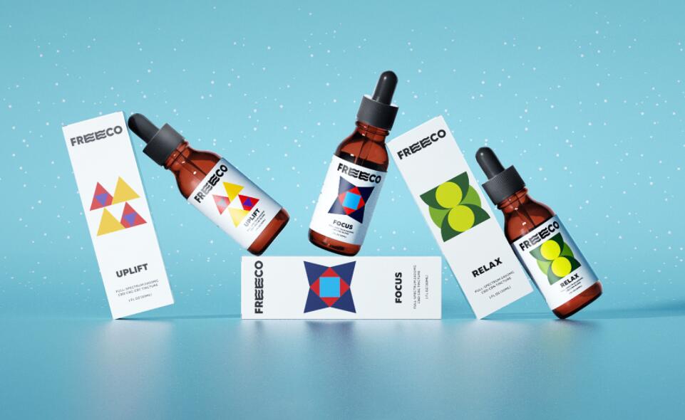 freeco天然大麻提取物滴劑藥品包裝設(shè)計，抽象幾何圖案組合