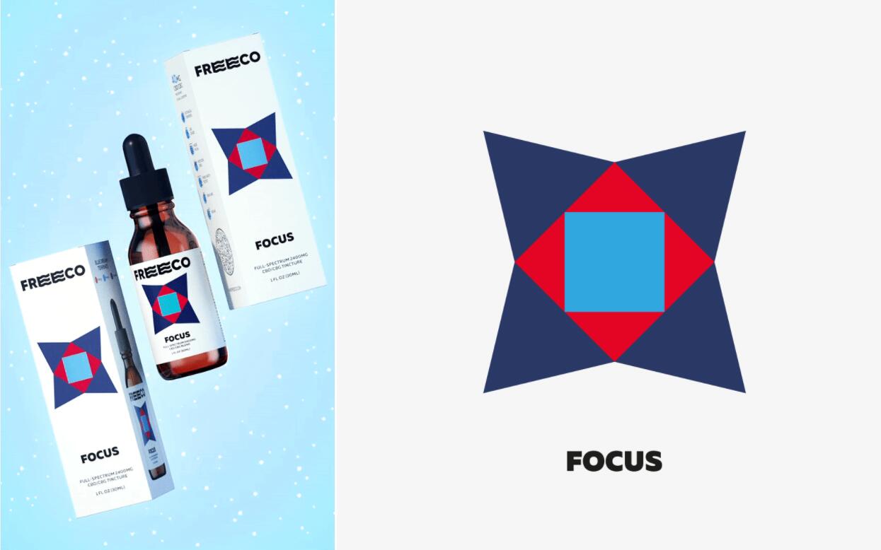 freeco天然大麻提取物滴劑藥品包裝設(shè)計(jì)，抽象幾何圖案組合