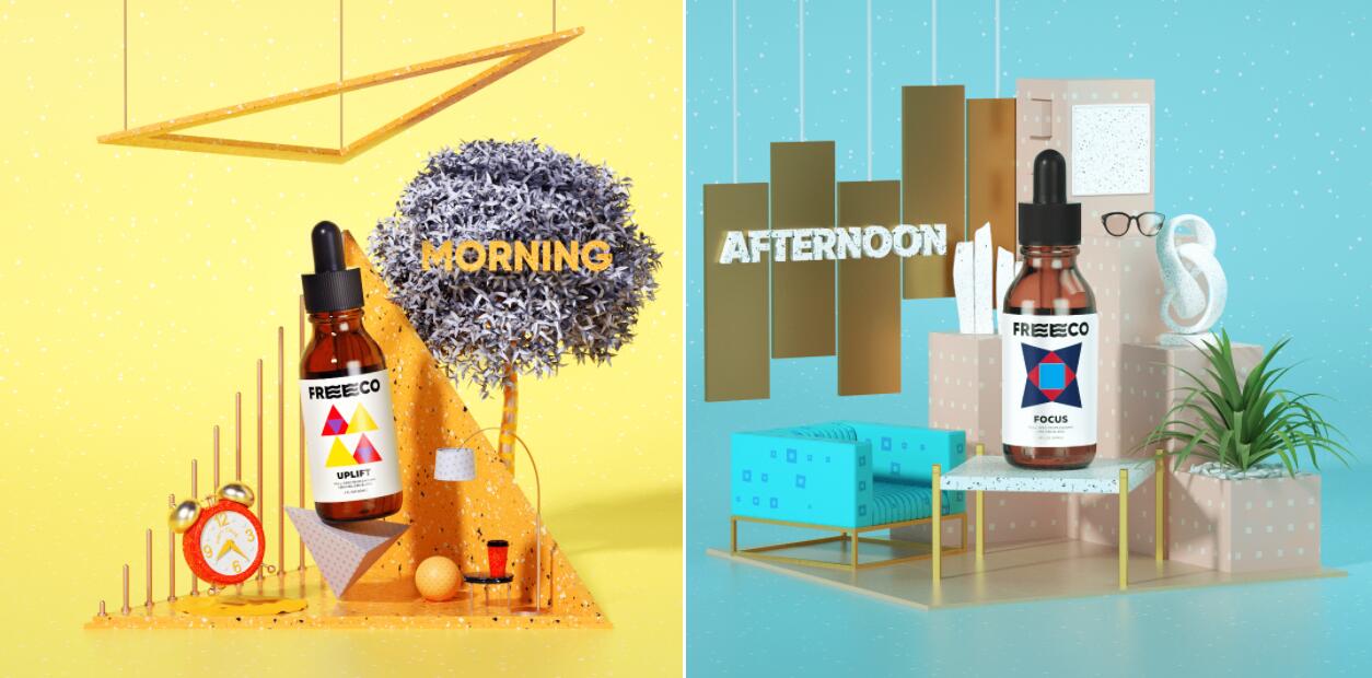 freeco天然大麻提取物滴劑藥品包裝設(shè)計(jì)，抽象幾何圖案組合