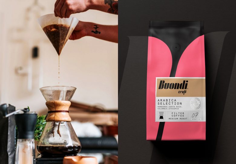 Buondi 咖啡標(biāo)簽貼紙包裝設(shè)計(jì)與字母中間切開(kāi)標(biāo)志設(shè)計(jì)