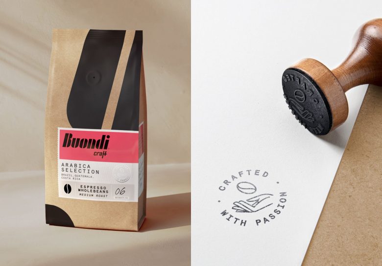 Buondi 咖啡標(biāo)簽貼紙包裝設(shè)計(jì)與字母中間切開(kāi)標(biāo)志設(shè)計(jì)