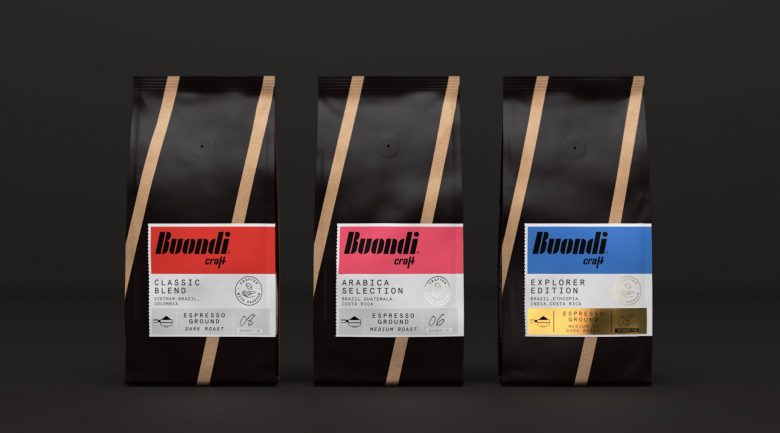 Buondi 咖啡標(biāo)簽貼紙包裝設(shè)計(jì)與字母中間切開(kāi)標(biāo)志設(shè)計(jì)