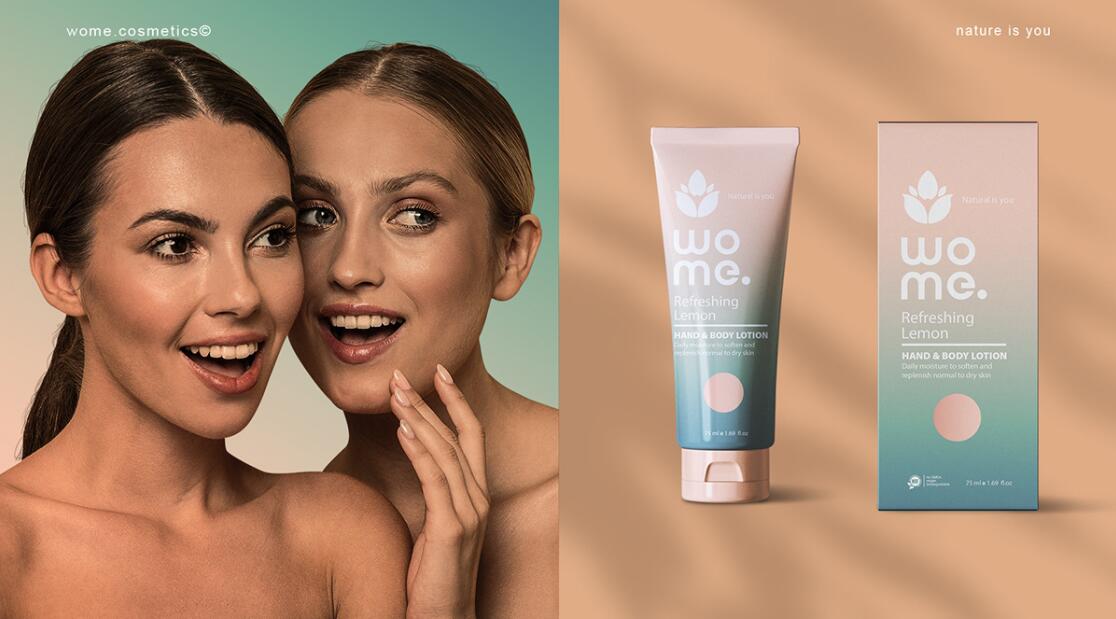 Wome 天然護膚品化妝品logo設計“水滴花朵”與產(chǎn)品包裝設計”金綠漸變色“