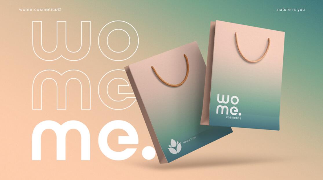 Wome 天然護膚品化妝品logo設計“水滴花朵”與產(chǎn)品包裝設計”金綠漸變色“