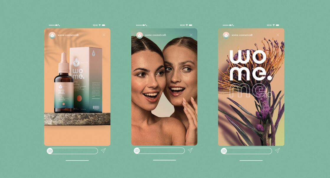 Wome 天然護膚品化妝品logo設計“水滴花朵”與產(chǎn)品包裝設計”金綠漸變色“