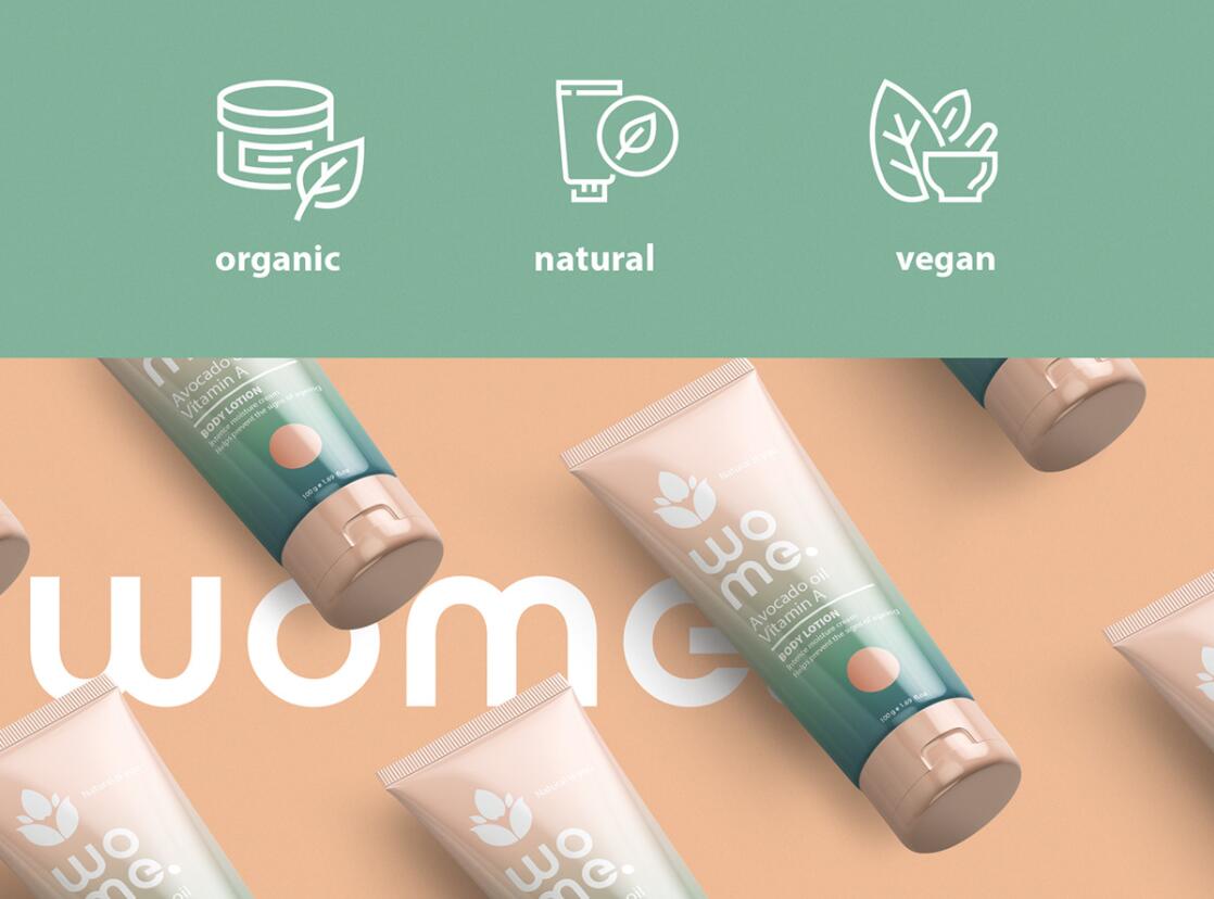 Wome 天然護膚品化妝品logo設計“水滴花朵”與產(chǎn)品包裝設計”金綠漸變色“