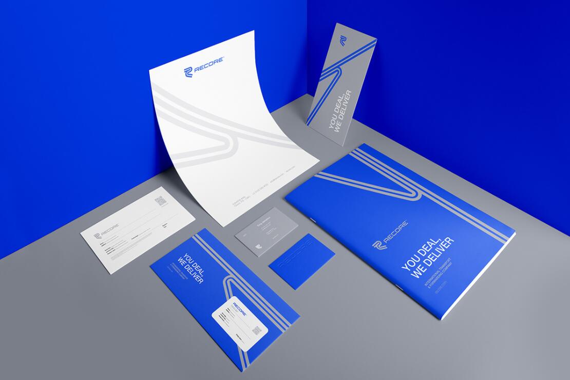 Recore 航運(yùn)貨運(yùn)物流公司logo設(shè)計(jì)vi設(shè)計(jì)，雙線條“R”字母與藍(lán)灰配色