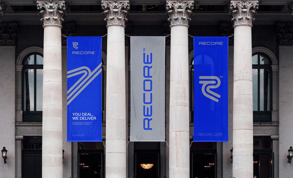 Recore 航運(yùn)貨運(yùn)物流公司logo設(shè)計(jì)vi設(shè)計(jì)，雙線條“R”字母與藍(lán)灰配色
