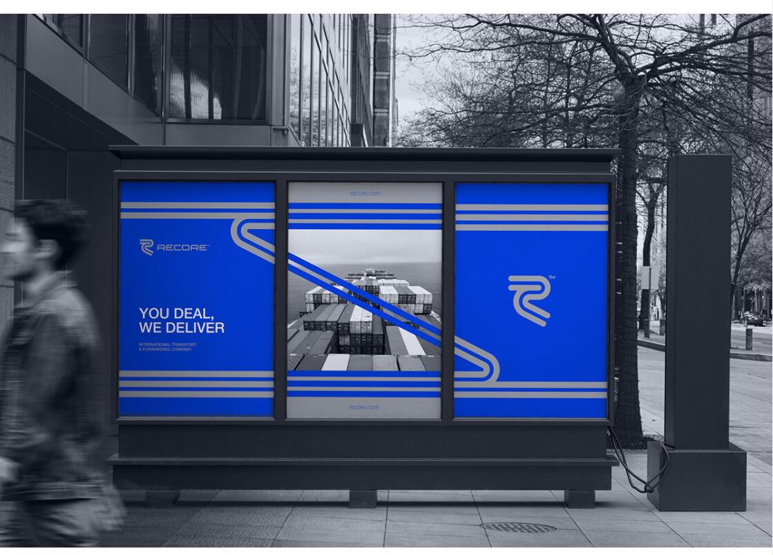 Recore 航運(yùn)貨運(yùn)物流公司logo設(shè)計(jì)vi設(shè)計(jì)，雙線條“R”字母與藍(lán)灰配色