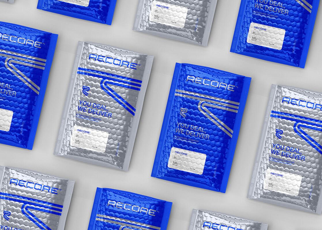 Recore 航運(yùn)貨運(yùn)物流公司logo設(shè)計(jì)vi設(shè)計(jì)，雙線條“R”字母與藍(lán)灰配色