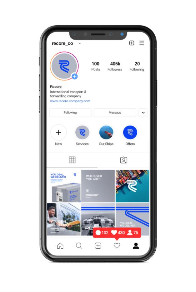 Recore 航運(yùn)貨運(yùn)物流公司logo設(shè)計(jì)vi設(shè)計(jì)，雙線條“R”字母與藍(lán)灰配色