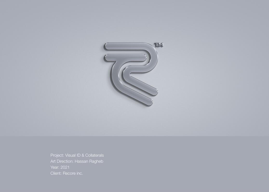 Recore 航運(yùn)貨運(yùn)物流公司logo設(shè)計(jì)vi設(shè)計(jì)，雙線條“R”字母與藍(lán)灰配色