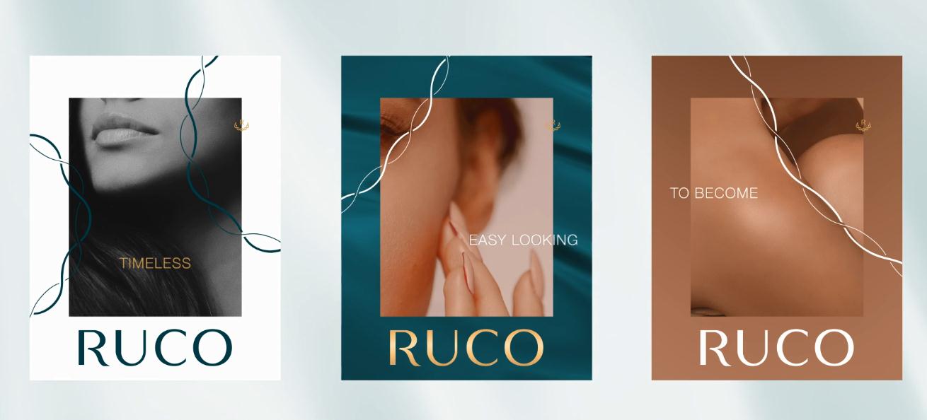 Ruco非手術(shù)美容與皮膚護(hù)理醫(yī)療logo設(shè)計vi設(shè)計。青黑色金色奢侈風(fēng)與循環(huán)交叉線條