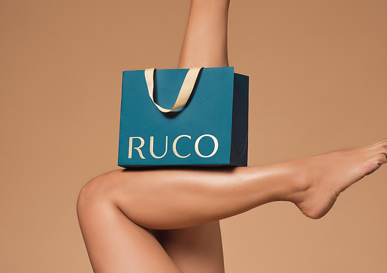 Ruco非手術(shù)美容與皮膚護(hù)理醫(yī)療logo設(shè)計vi設(shè)計。青黑色金色奢侈風(fēng)與循環(huán)交叉線條