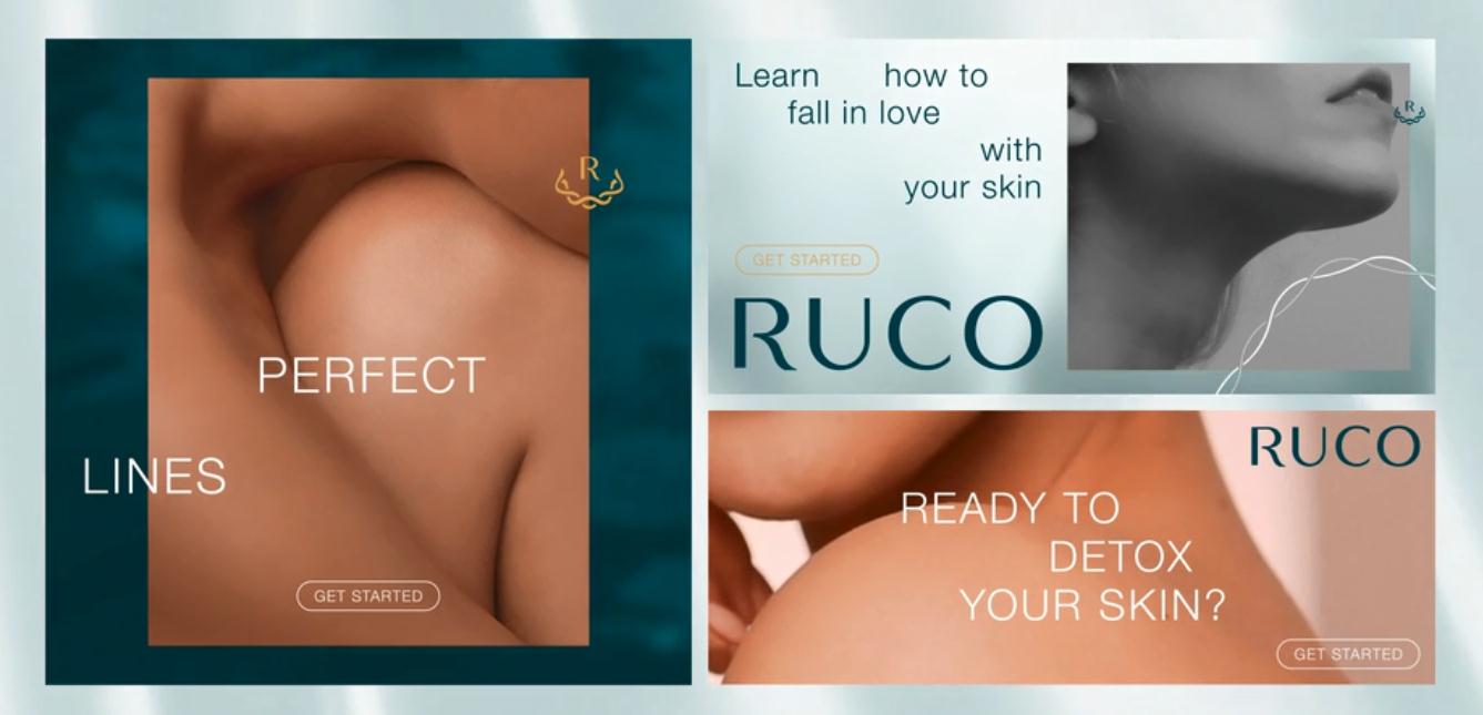 Ruco非手術(shù)美容與皮膚護(hù)理醫(yī)療logo設(shè)計vi設(shè)計。青黑色金色奢侈風(fēng)與循環(huán)交叉線條-版式與布局設(shè)計