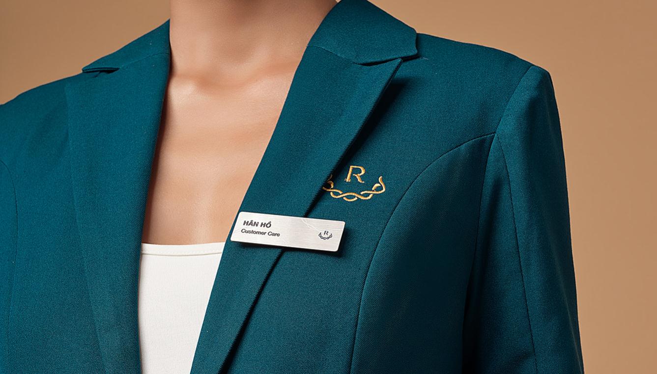 Ruco非手術(shù)美容與皮膚護(hù)理醫(yī)療logo設(shè)計vi設(shè)計。青黑色金色奢侈風(fēng)與循環(huán)交叉線條-制服設(shè)計