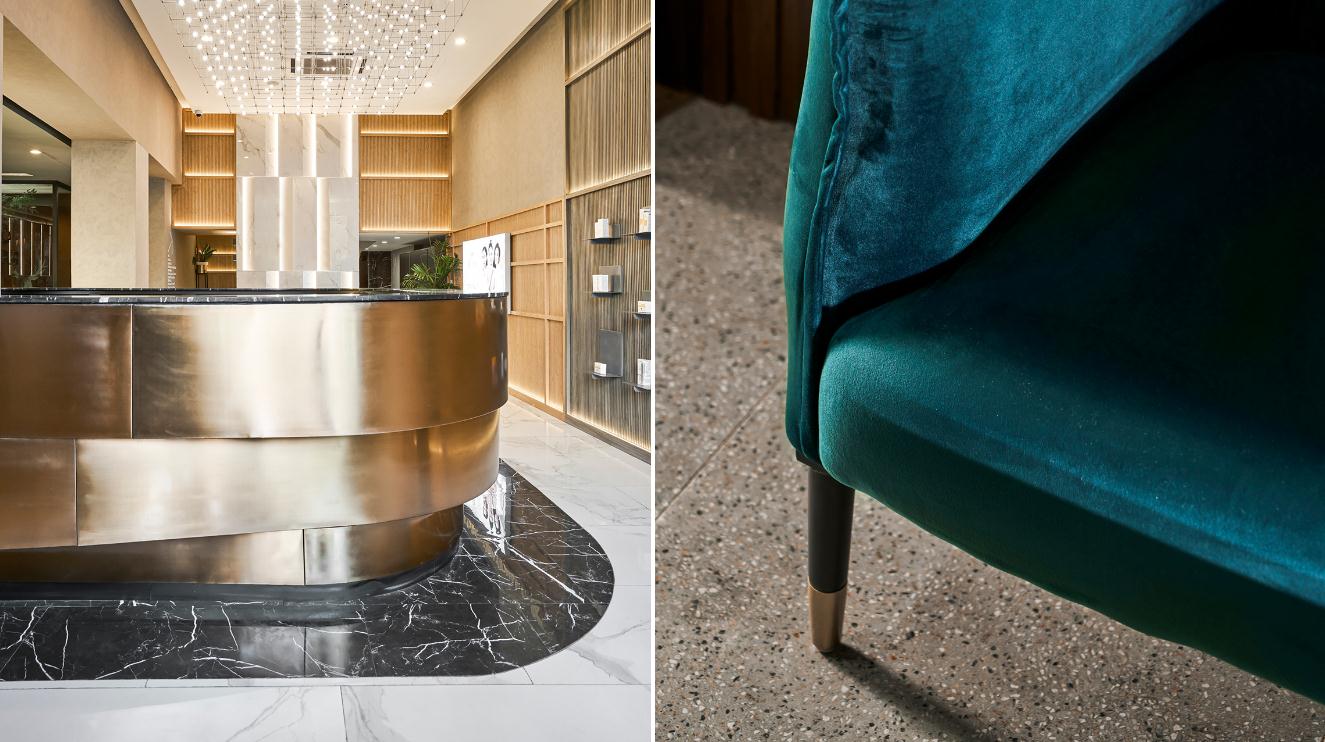 Ruco非手術(shù)美容與皮膚護(hù)理醫(yī)療logo設(shè)計vi設(shè)計。青黑色金色奢侈風(fēng)與循環(huán)交叉線條-醫(yī)療中心內(nèi)部空間設(shè)計