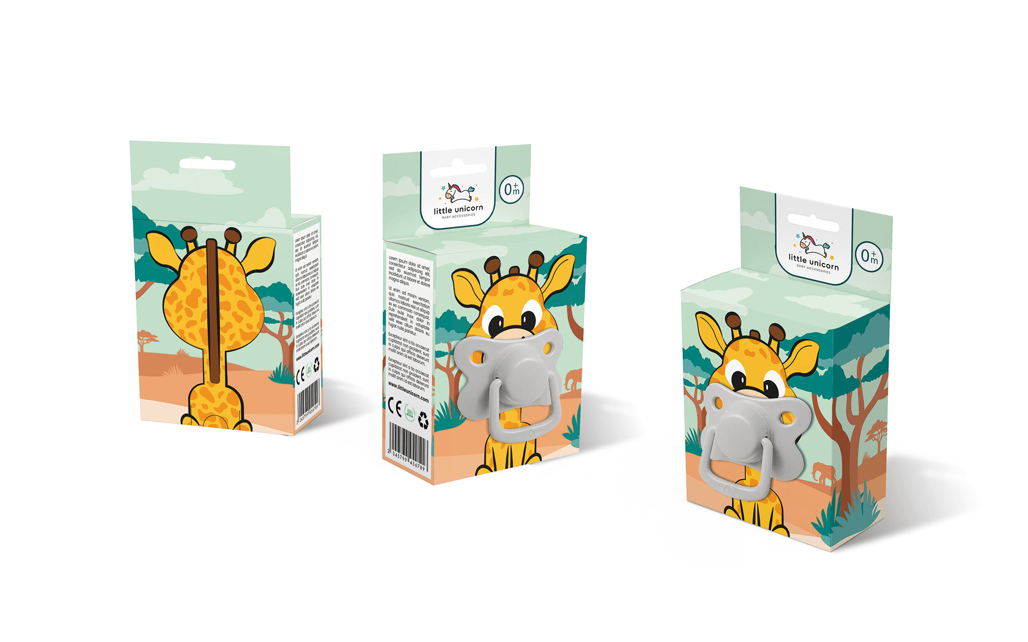 小獨角獸嬰兒奶嘴包裝設計“熊貓、長頸鹿和小猴子”插畫 小獨角獸嬰兒奶嘴包裝設計“熊貓、長頸鹿和小猴子”插畫