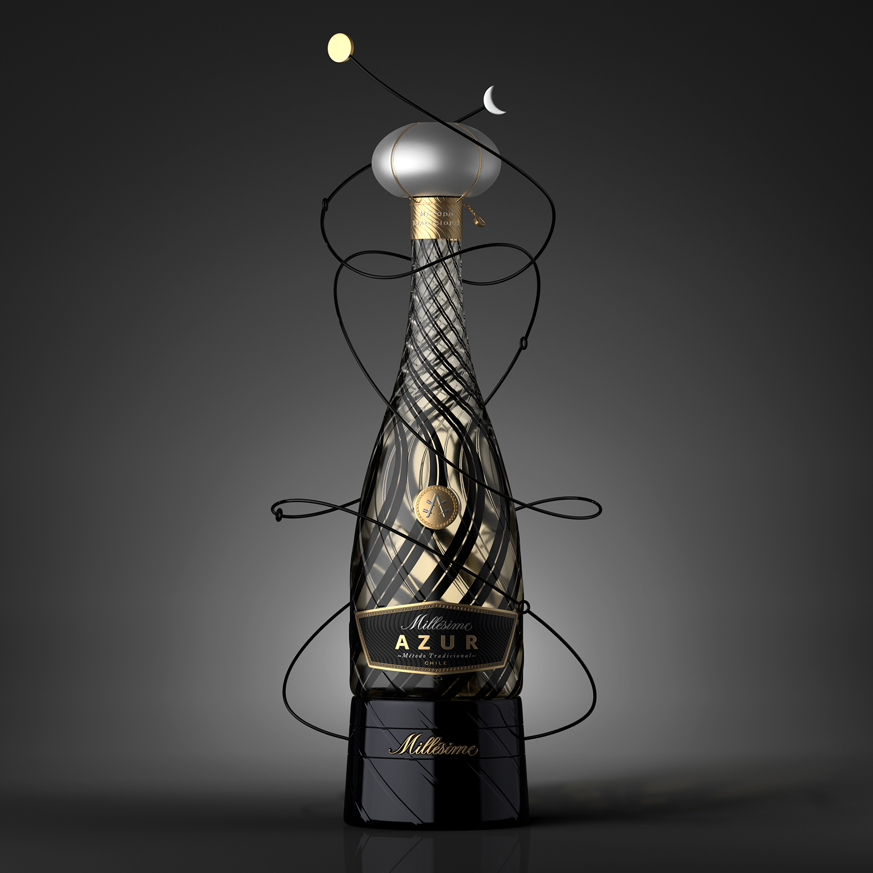 Azur 起泡酒包裝設(shè)計(jì)瓶型設(shè)計(jì)，黑金螺旋線條