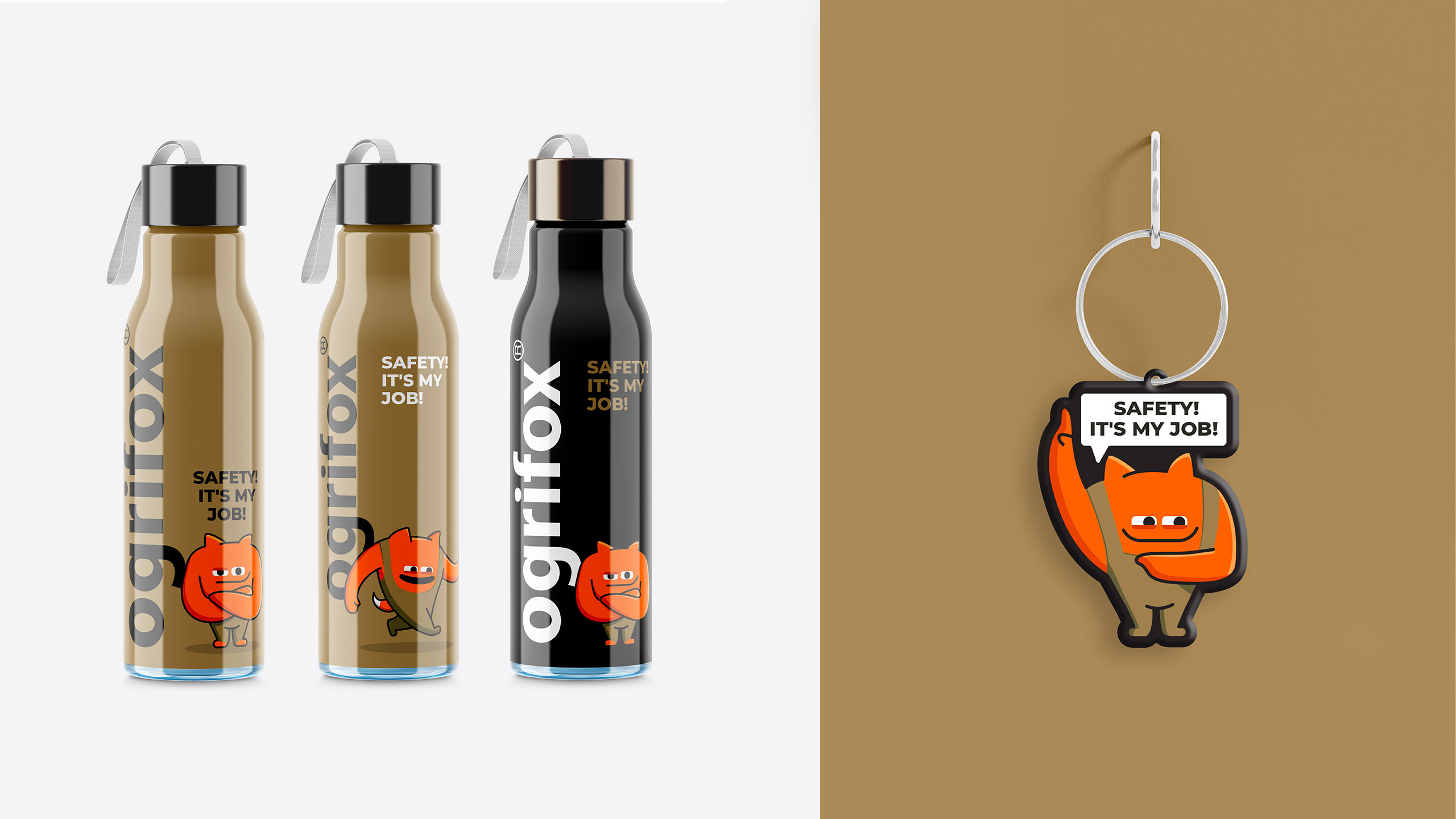 Ogrifox 安全防護服手套帽子工具工作服服飾“狐貍巨人”品牌卡通吉祥物設計及物料應用-水瓶及鑰匙扣 Ogrifox 安全防護服手套帽子工具工作服服飾“狐貍巨人”品牌卡通吉祥物設計及物料應用-水瓶及鑰匙扣