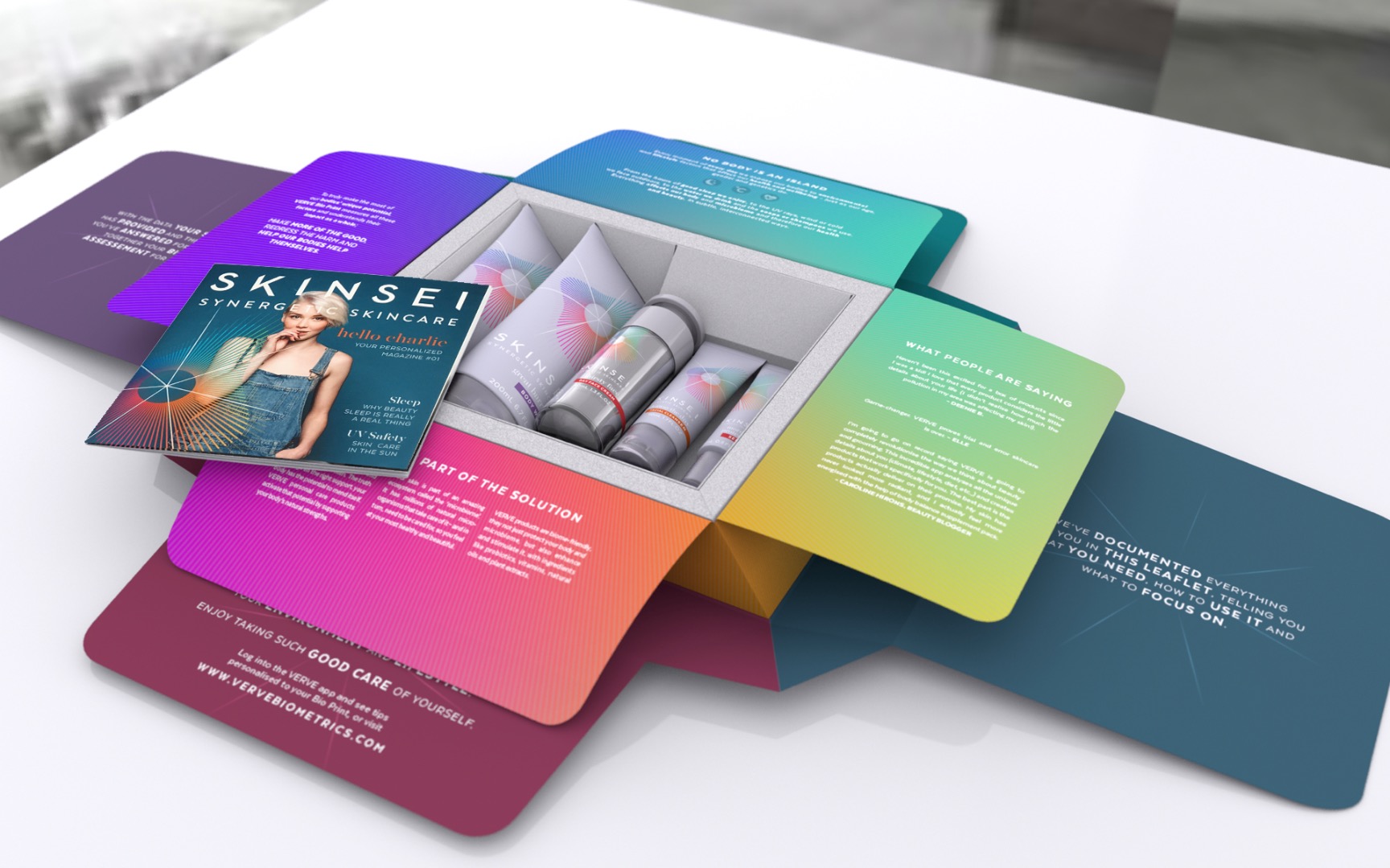 Skinsei私人個(gè)性化護(hù)膚品化妝品包裝設(shè)計(jì)，明亮多彩的萬花筒線條光譜主視覺圖案