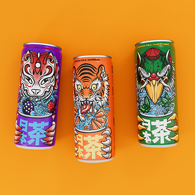 鐵罐裝日本茶飲料包裝設(shè)計(jì)“老虎狐貍鳥”特寫插畫