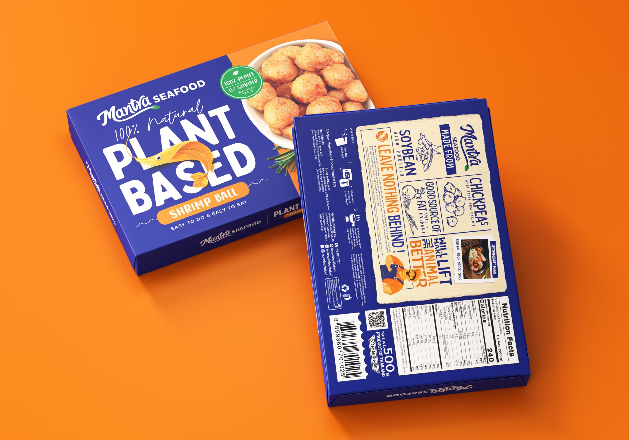 Mantra植物基素食海鮮食品包裝設(shè)計(jì)，藍(lán)色品牌識(shí)別+植物葉子海洋生物