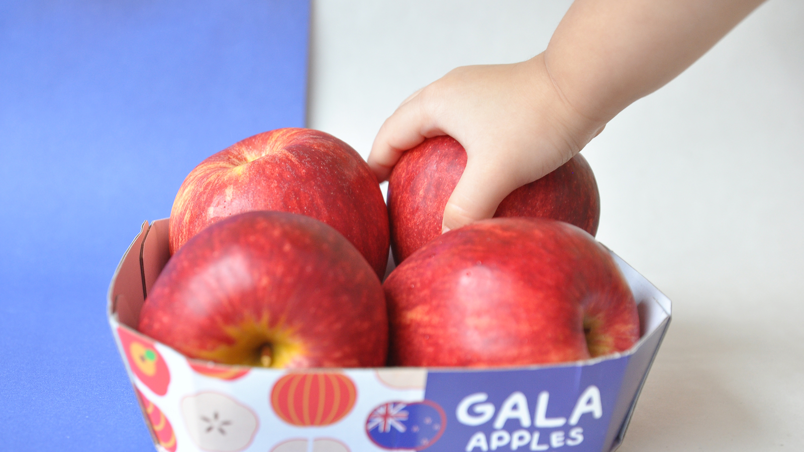 GALA 新西蘭有機(jī)蘋果節(jié)慶敞開式包裝盒設(shè)計(jì)，新西蘭國旗色+扁平圖標(biāo)組合