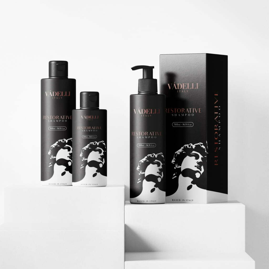 VADELLIE男士洗發(fā)水包裝設(shè)計(jì)，男士石膏雕塑黑白光影插畫-上海包裝設(shè)計(jì)公司