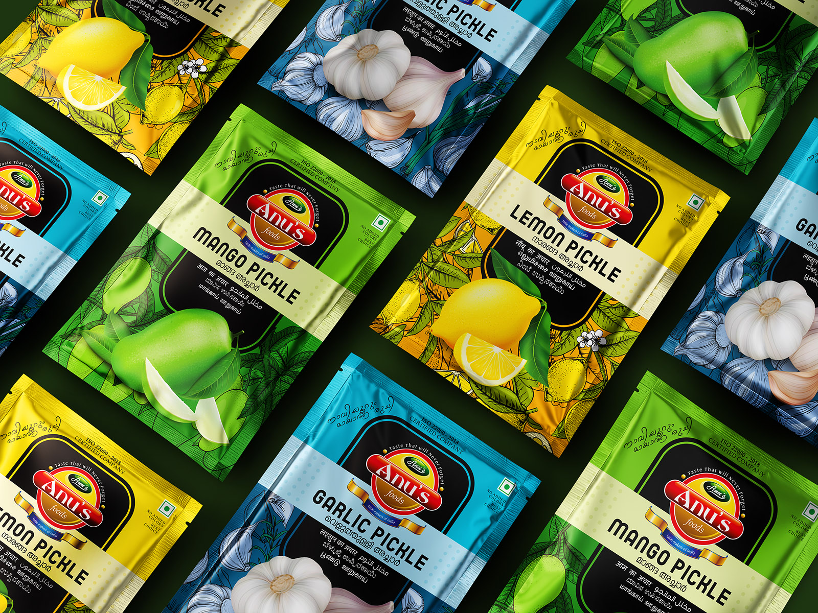 Anu’s Foods 袋裝泡菜咸菜水果干包裝設(shè)計，明亮配色與插畫