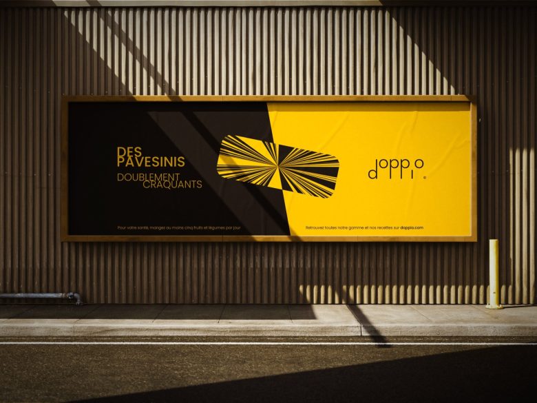 Doppio 食品包裝設計logo設計，黑黃色放射線條組合元素