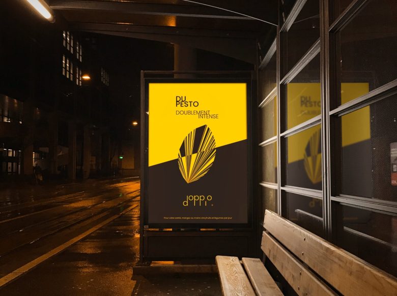 Doppio 食品包裝設計logo設計，黑黃色放射線條組合元素