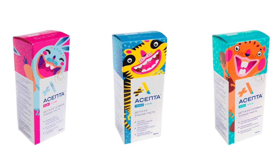 Asepta牙膏嬰兒兒童青少年包裝設(shè)計，松鼠兔子老虎動物插圖設(shè)計