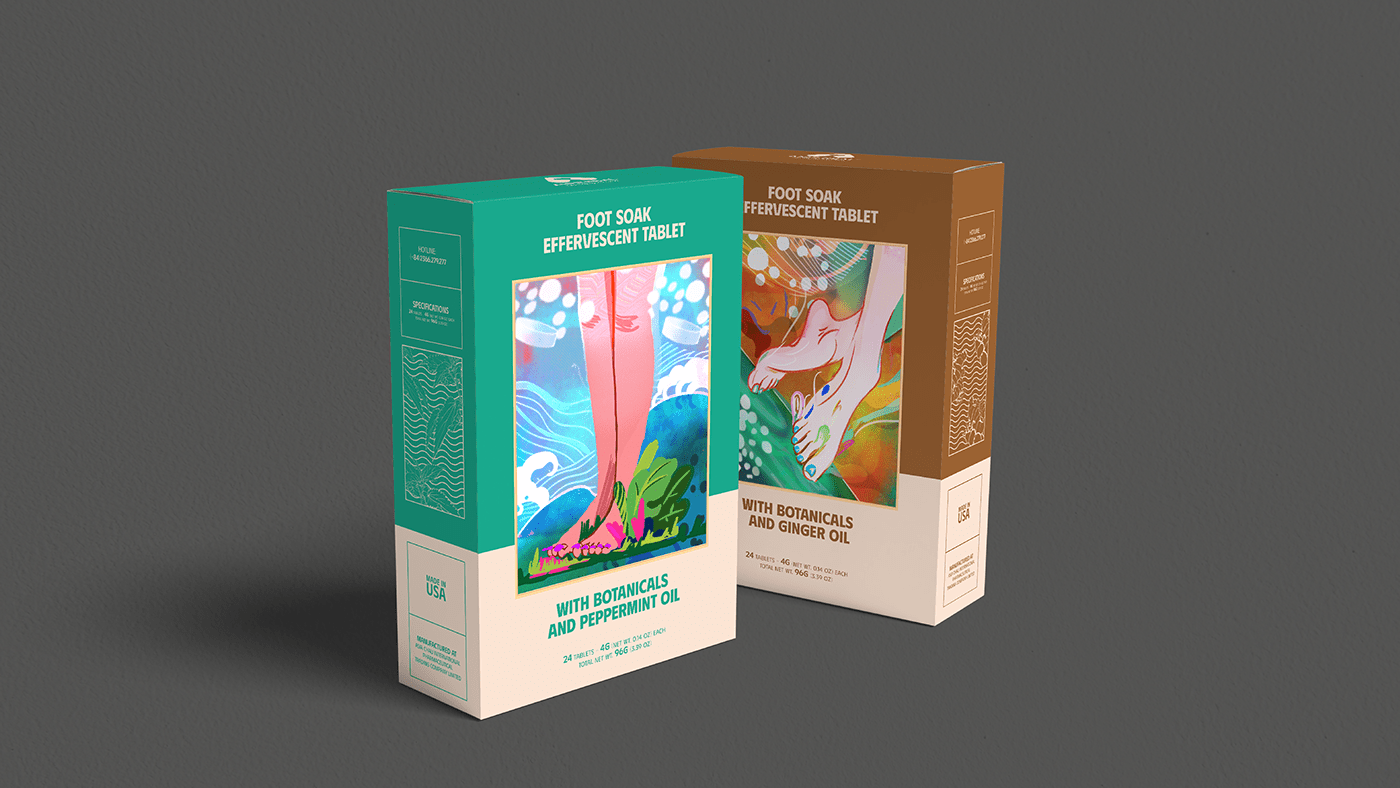 TABLETS 生姜精油泡騰片足浴包包裝設(shè)計(jì),虛實(shí)結(jié)合的腳部與草本插畫(huà) TABLETS 生姜精油泡騰片足浴包包裝設(shè)計(jì),虛實(shí)結(jié)合的腳部與草本插畫(huà)