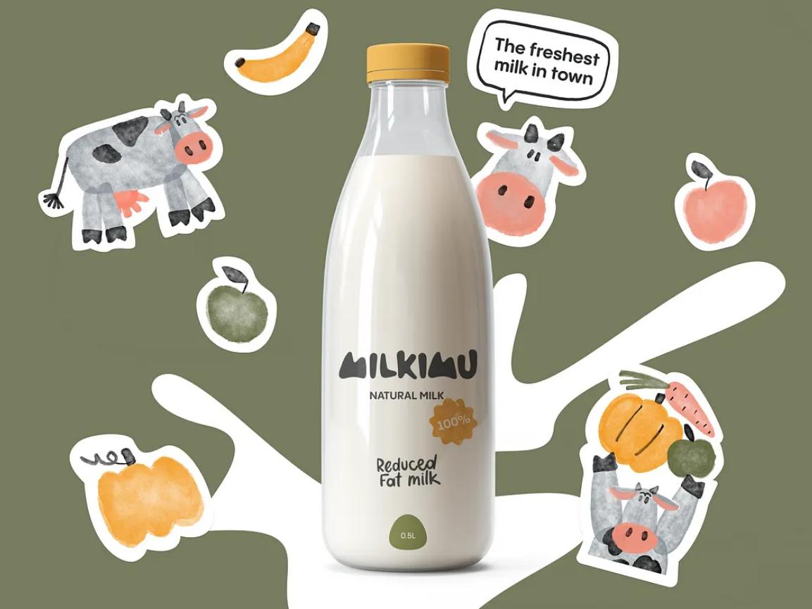 Milkimu牛奶乳制品品牌包裝設(shè)計和營銷圖形，可愛手繪卡通牛牛元素-牛奶玻璃瓶和品牌貼紙