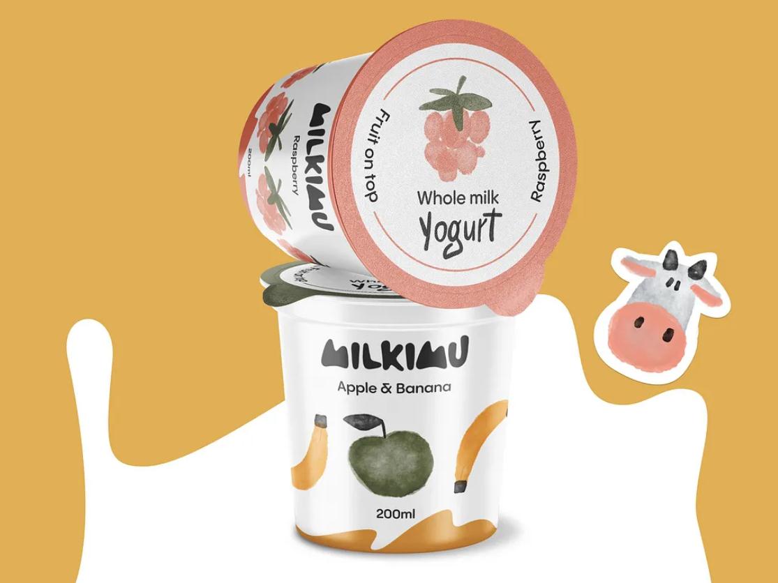 Milkimu牛奶乳制品品牌包裝設(shè)計和營銷圖形，可愛手繪卡通牛牛元素-酸奶包裝設(shè)計