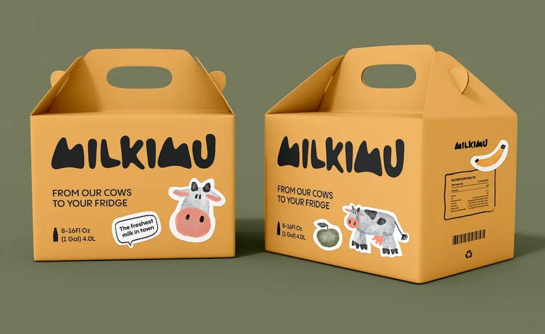 Milkimu牛奶乳制品品牌包裝設(shè)計和營銷圖形，可愛手繪卡通牛牛元素-大送貨箱設(shè)計