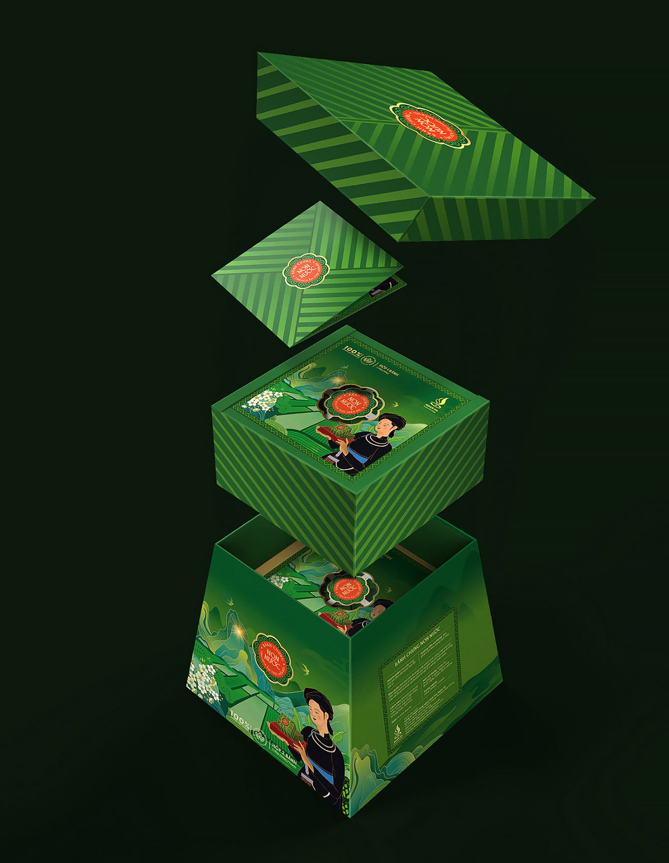 Non Nuoc高平板栗野豬肉粽子禮盒包裝設(shè)計(jì)，傳統(tǒng)岱族服飾少女+自然田園風(fēng)景插畫