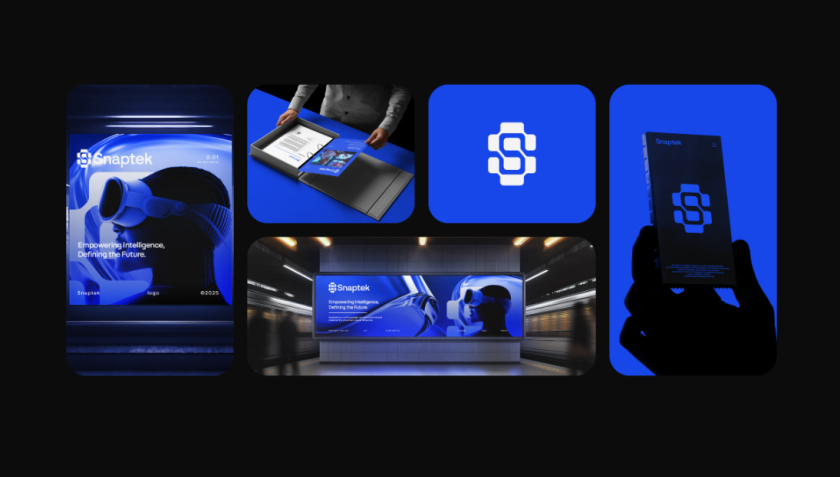 Snaptek 人工智能尖端科技品牌S字母logo設(shè)計(jì)vi設(shè)計(jì)，藍(lán)色科技風(fēng)