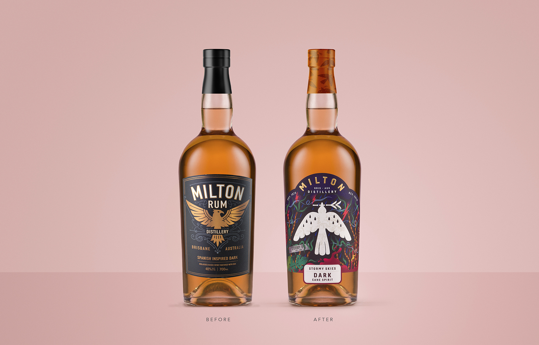 米爾頓酒廠朗姆酒標(biāo)簽包裝設(shè)計，噪鵑鳥核心識別元素統(tǒng)領(lǐng)所有包裝架構(gòu)