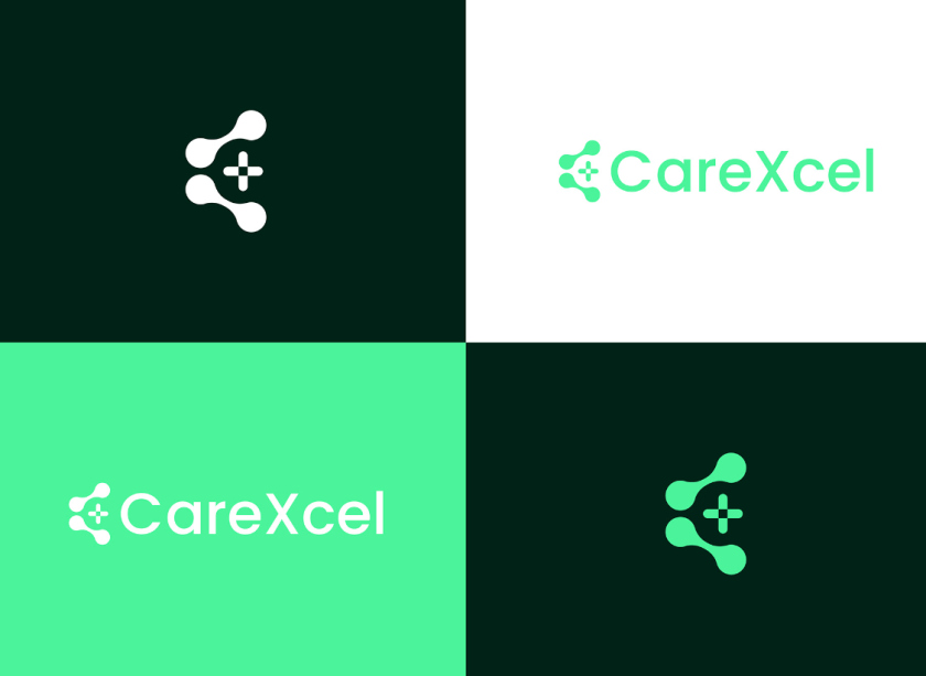 CareExcel 醫(yī)療保健解決方案公司logo設(shè)計(jì)vi設(shè)計(jì)，分子結(jié)構(gòu)加十字