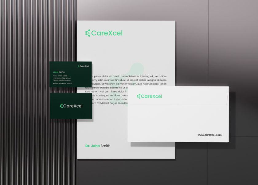 CareExcel 醫(yī)療保健解決方案公司logo設(shè)計(jì)vi設(shè)計(jì)，分子結(jié)構(gòu)加十字