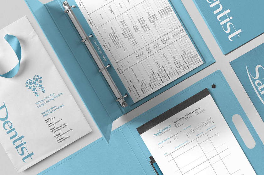 SanDentist 美容牙科品牌形象vi設計，清新風格突出安全與美麗
