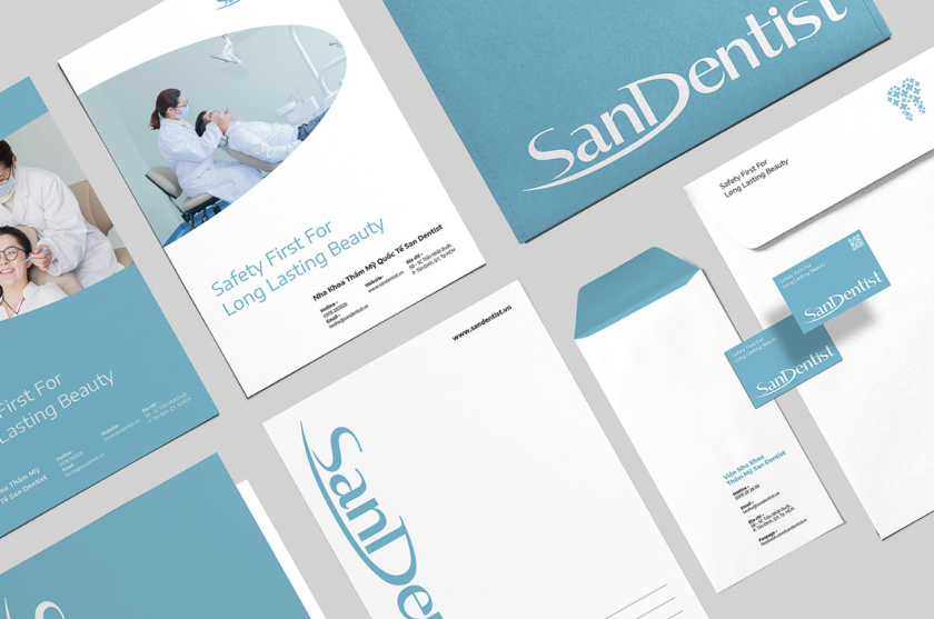 SanDentist 美容牙科品牌形象vi設計，清新風格突出安全與美麗