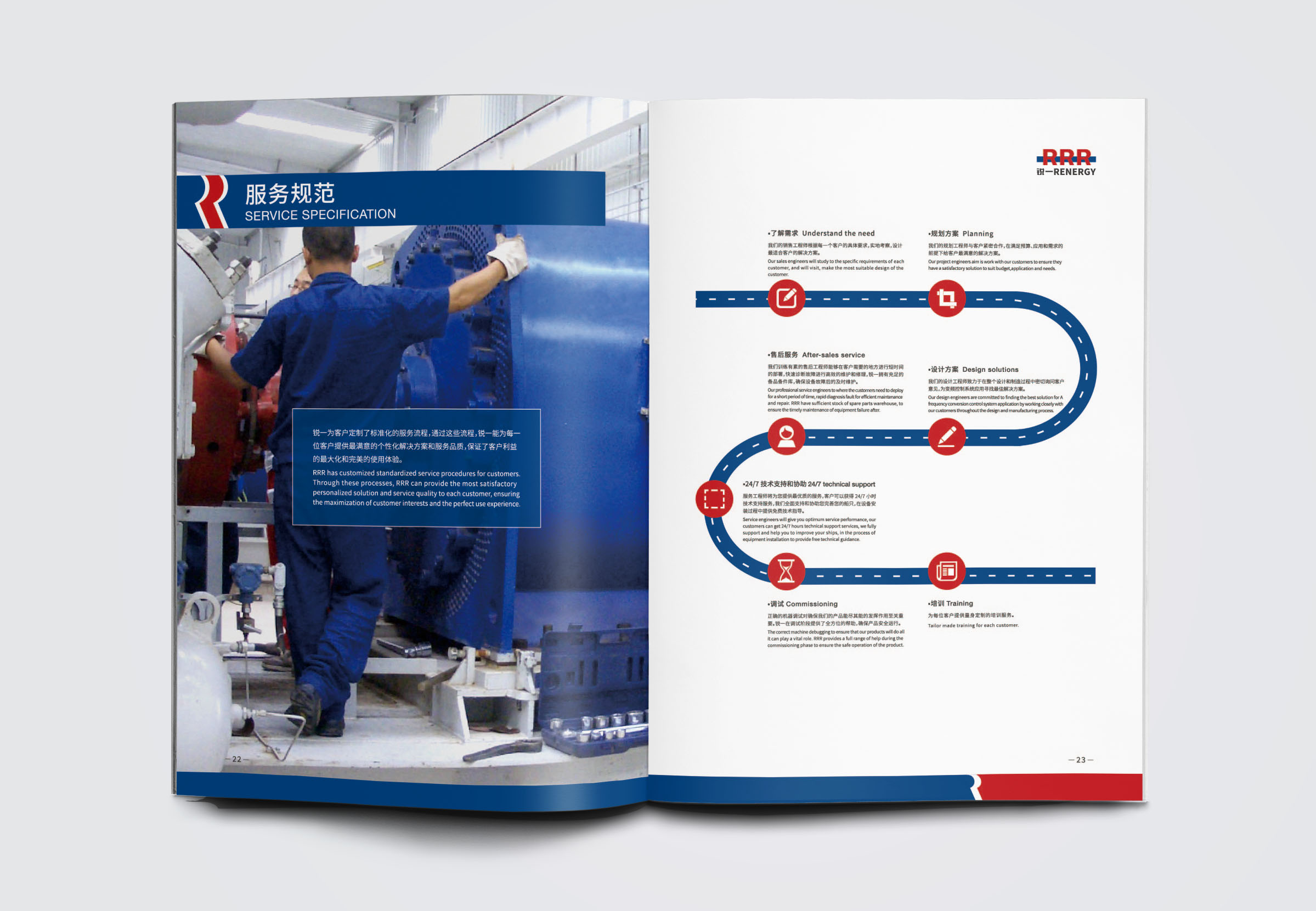 銳一機(jī)電公司宣傳畫冊設(shè)計(jì)，對比色與R識別風(fēng)公司畫冊設(shè)計(jì)