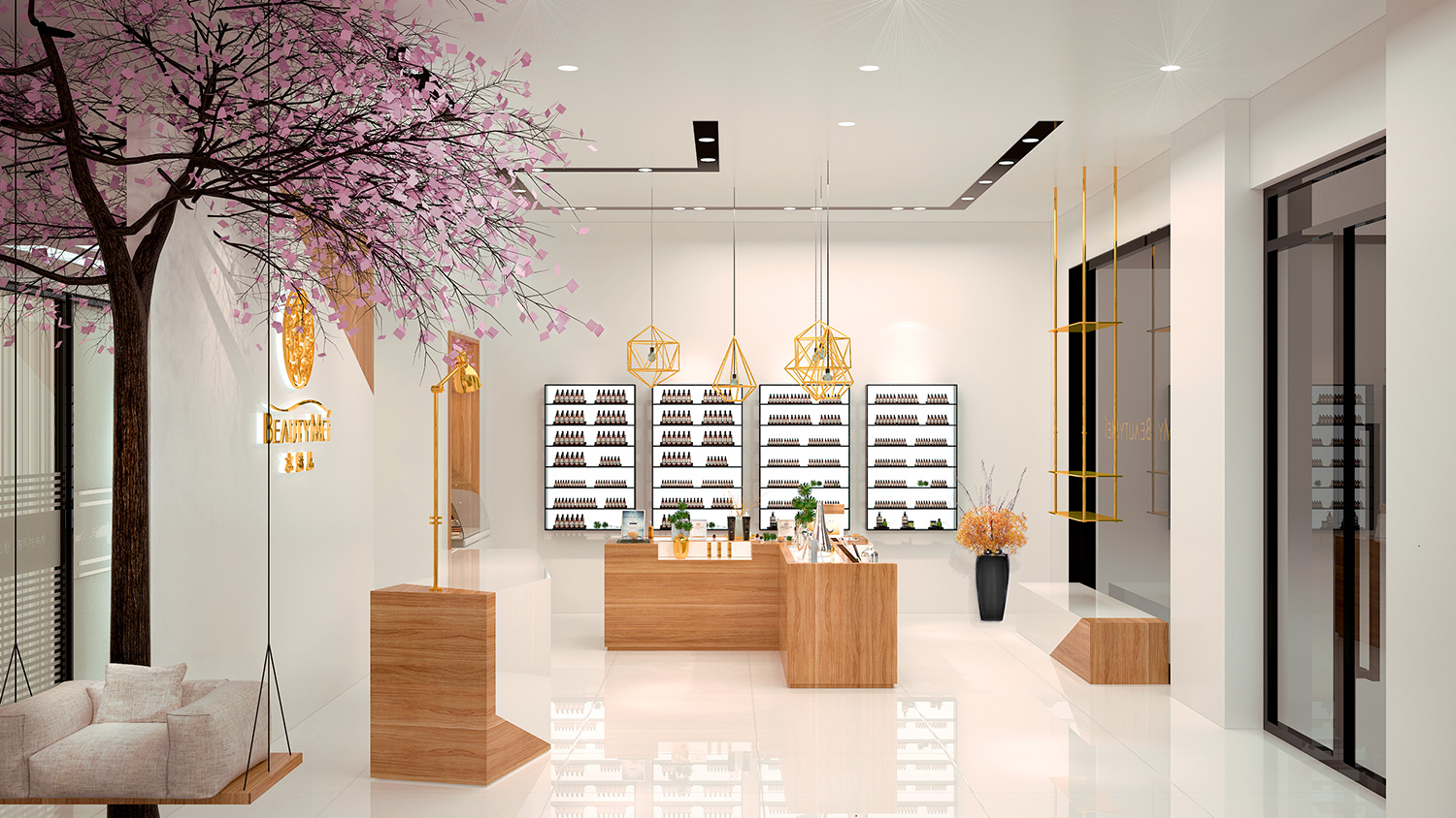 Beautymei水魅兒美甲護膚化妝品專賣體驗店鋪空間設(shè)計，黑色+深原木色風(fēng)格